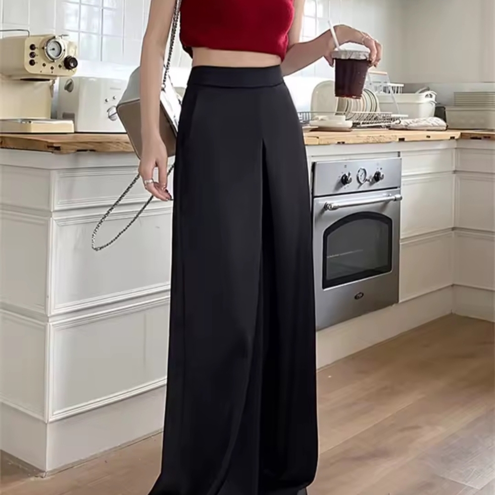 Elegant Black Wide-Leg Pants, Spring Flowy Bell Bottoms High Wait Loose Feminine